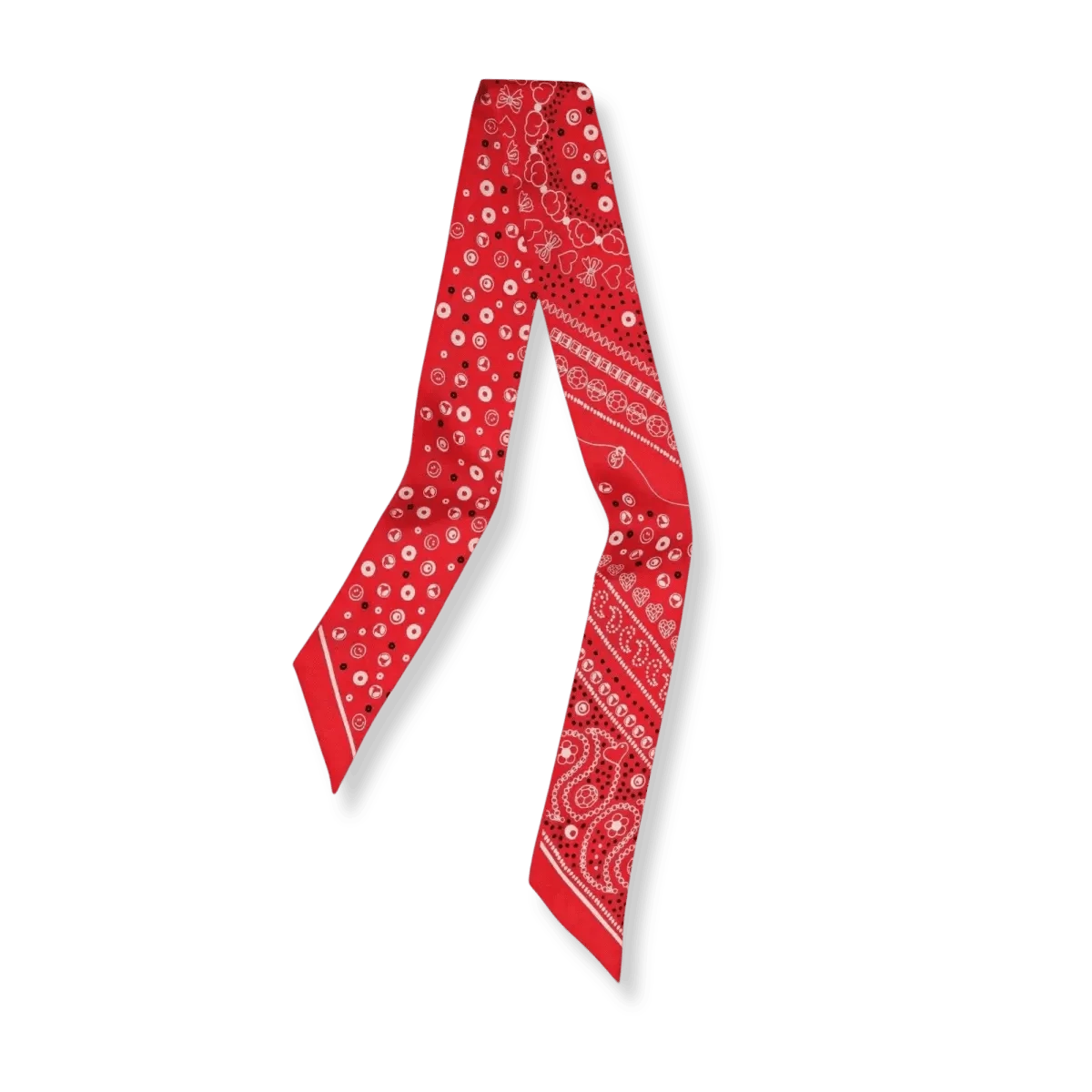 Flat-lay image of the Bead Parade 100% silk twilly scarf in red, displaying its full length and detailed bead motif.
