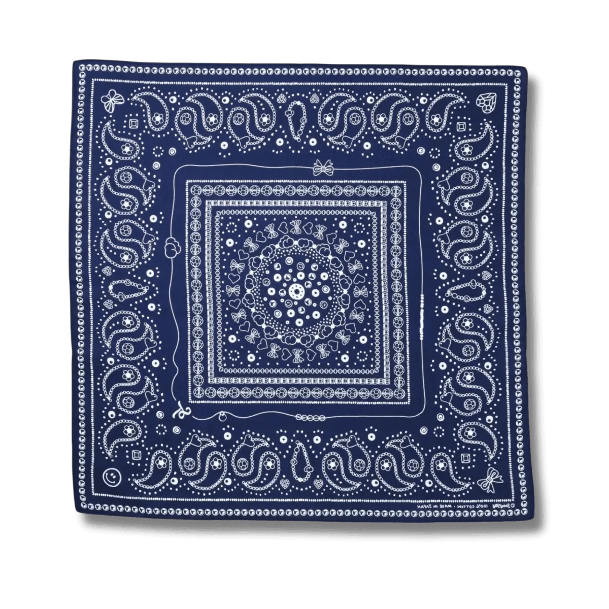 Flat-lay image showcasing the Bead Parade bandana in indigo, featuring intricate white bead-inspired patterns on soft cotton fabric.