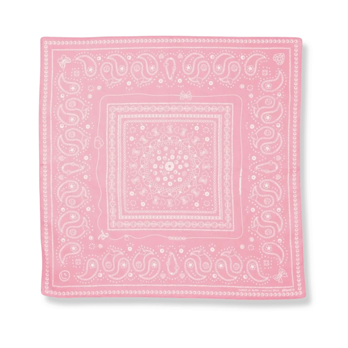 The pink Bead Parade bandana laid flat, highlighting its vibrant color and delicate bead-inspired print.
