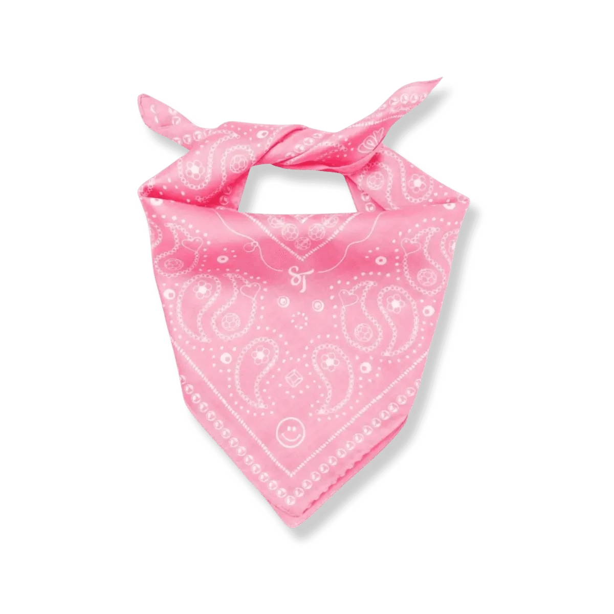 Close-up of the Bead Parade pink bandana’s detailed white bead pattern and texture on soft cotton material.