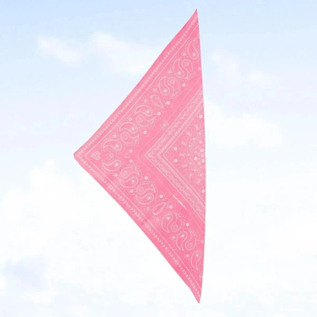 Bead Parade bandana in pink, folded into a triangle shape with visible intricate white bead motifs.