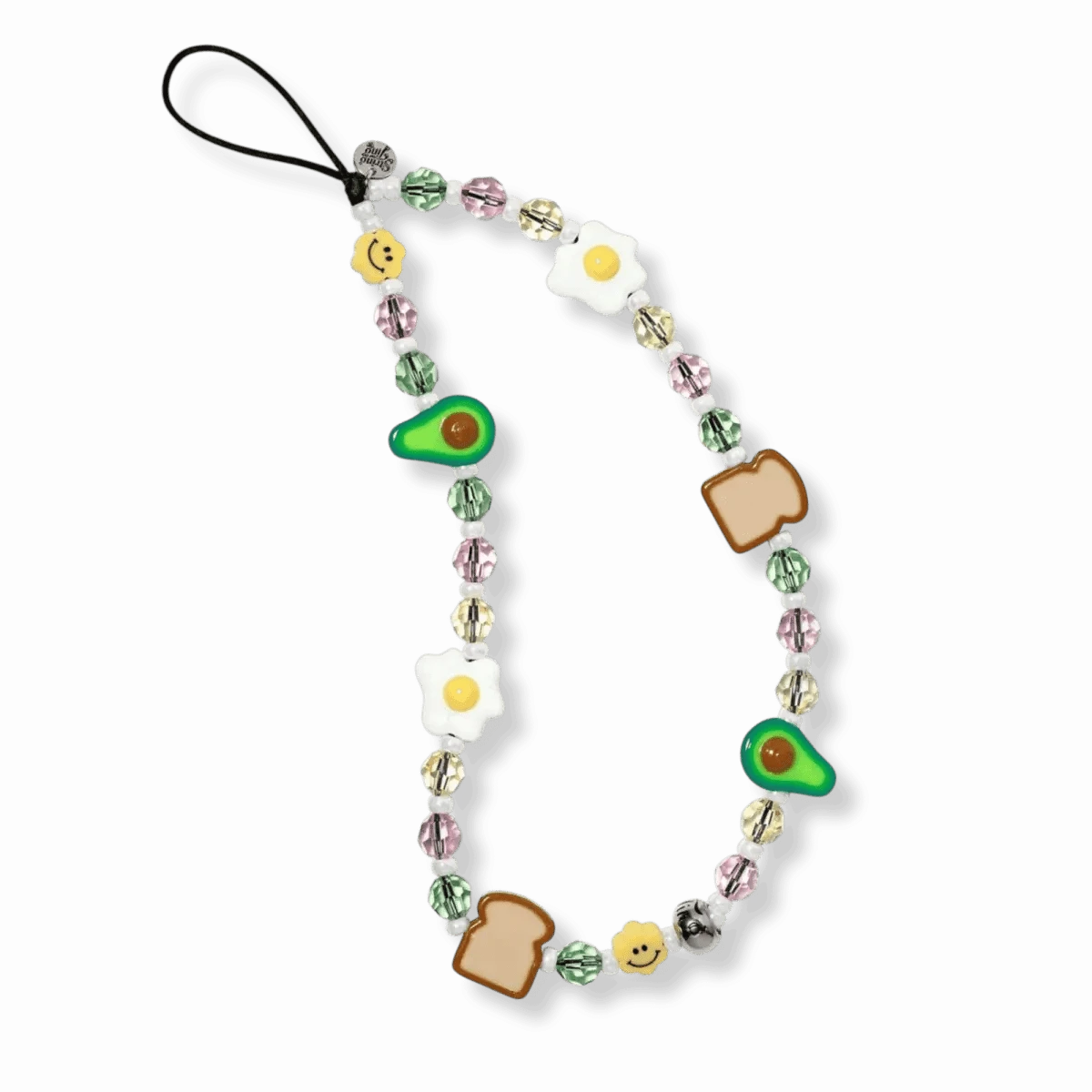 Breakfast Club Drip Wristlet Phone Strap featuring colorful beads shaped like avocado, toast, and eggs, accented with sparkling Swarovski® crystals, displayed on a white background.