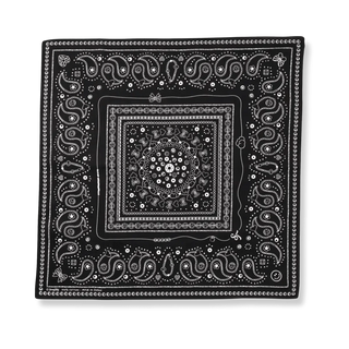 Flat-lay view of the Bead Parade bandana in black, showcasing the intricate white bead and paisley-inspired pattern on soft cotton fabric.