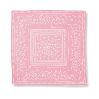 The pink Bead Parade bandana laid flat, highlighting its vibrant color and delicate bead-inspired print.