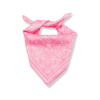 Close-up of the Bead Parade pink bandana’s detailed white bead pattern and texture on soft cotton material.