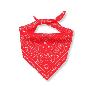 Close-up of the Bead Parade Bandana's detailed design, highlighting the fine linework and whimsical bead illustrations in contrasting white against the rich red background.