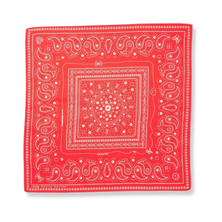Flat lay of the Bead Parade 100% Cotton Bandana in vibrant red, showcasing an intricate, hand-drawn bead-inspired pattern with playful motifs, screen-printed on soft cotton fabric.