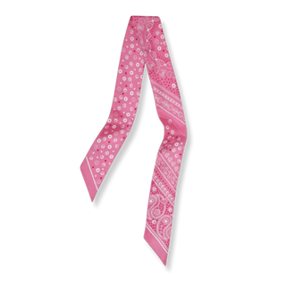Flat-lay image of the Bead Parade 100% silk twilly scarf in pink, displaying its full length and detailed bead motif.