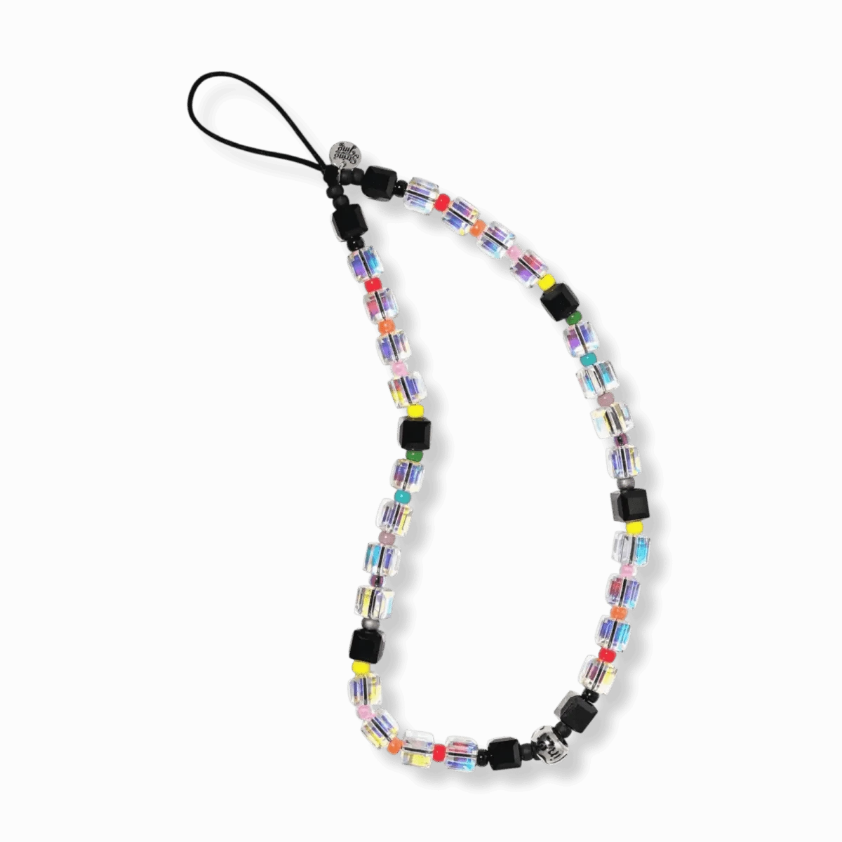 Close-up of Birthday Cake Crystal Wristlet Phone Strap featuring sparkling Swarovski crystals and colourful Japanese seed beads.