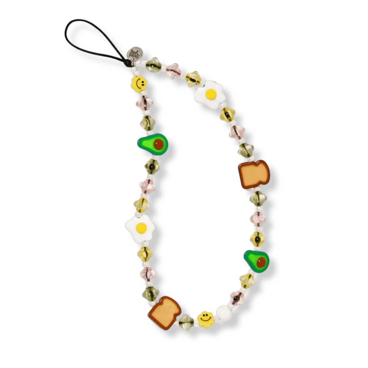Breakfast Club Wristlet Phone Strap by String Ting, featuring colorful breakfast-themed beads including avocado, toast, and eggs with Japanese Miyuki® seed beads, displayed against a white background.