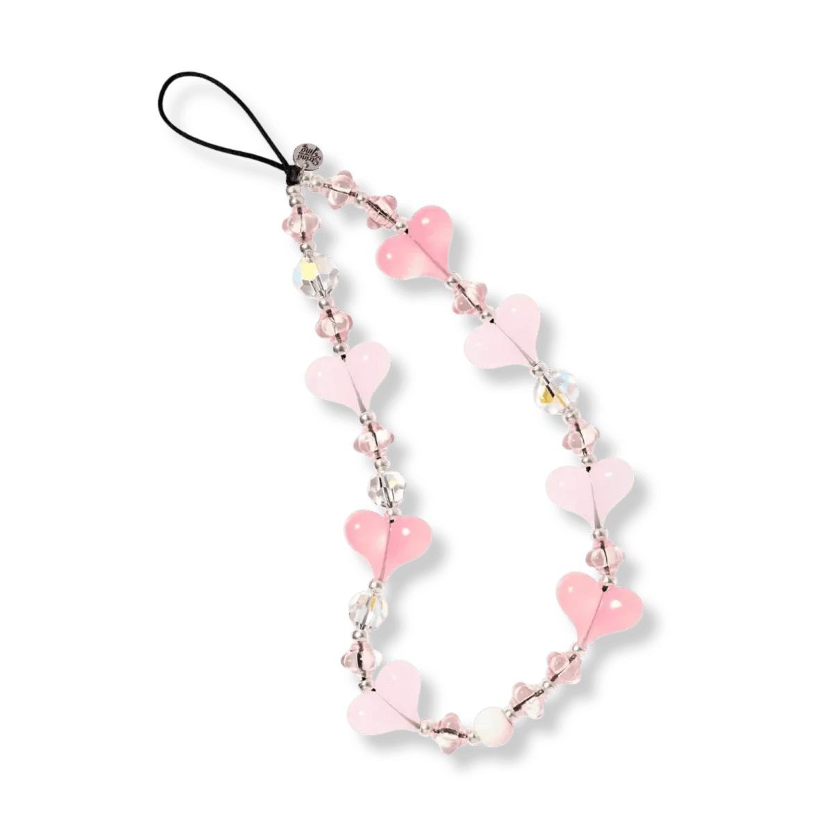 The Cherry Blossom Kawaii Wristlet Phone Strap by String Ting, featuring super cutie heart beads in soft pink hues and premium Japanese Miyuki® seed beads, displayed on a white background.