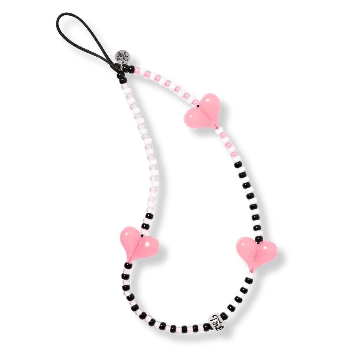 The Cherry Bombshell Wristlet Phone Strap by String Ting, featuring exclusive hot pink heart beads and high-quality Japanese Miyuki® seed beads in a vibrant pink, white and black color palette, displayed on a white background.