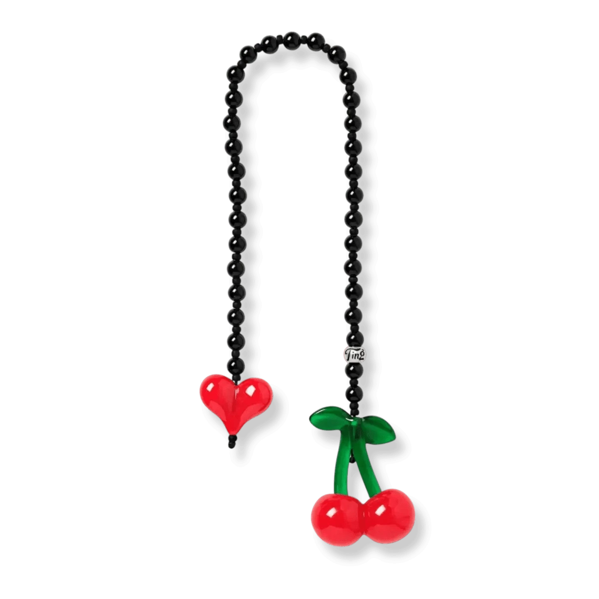 The Cherry Drop Obsidian Bag Charm by String Ting, featuring a vibrant cherry bead, Grade A obsidian, and Japanese Miyuki® beads, displayed on a white background