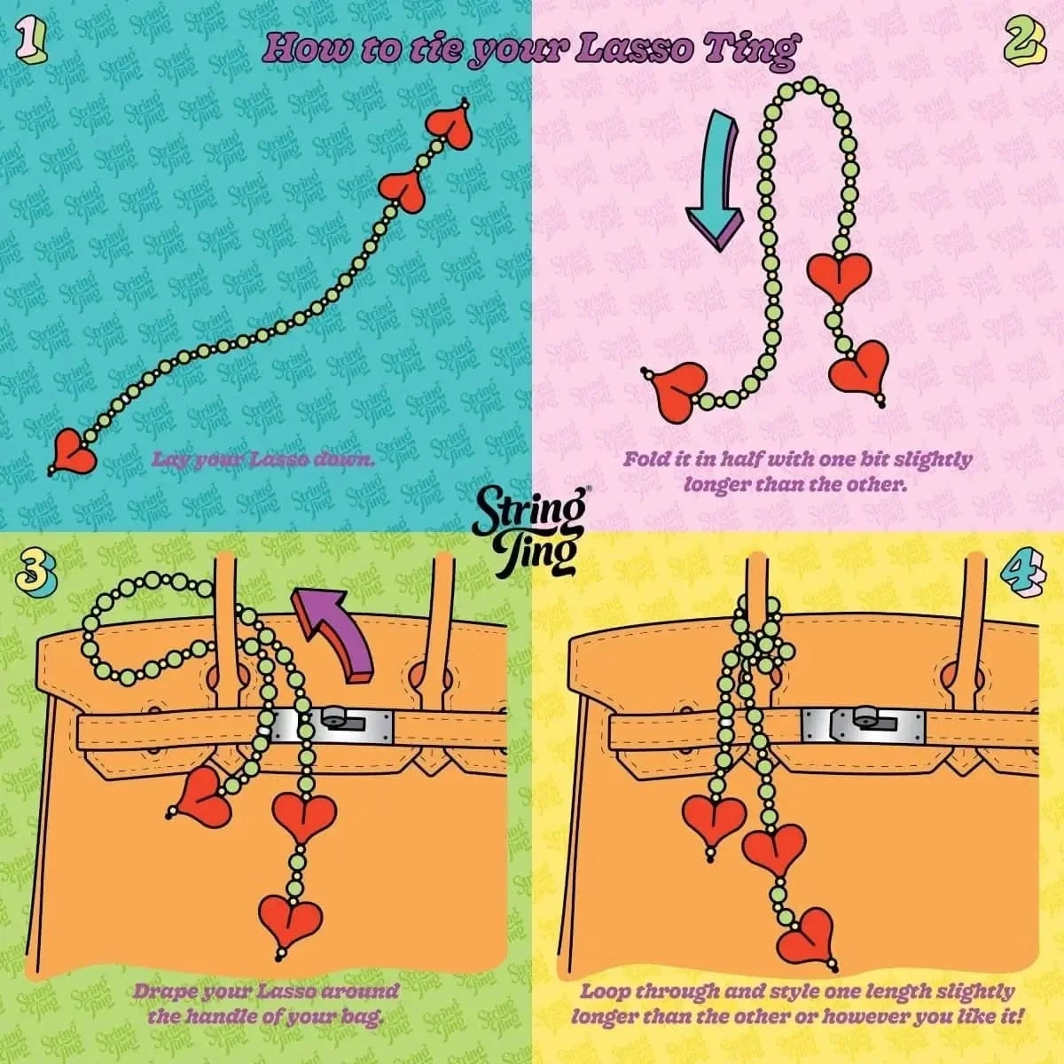 Brightly illustrated step-by-step guide showing how to tie a String Ting Lasso Ting bag charm. The image includes clear visuals of the charm being looped through a bag handle, tightened securely, and styled to hang with visible gemstone strands, demonstrating both function and fashion.