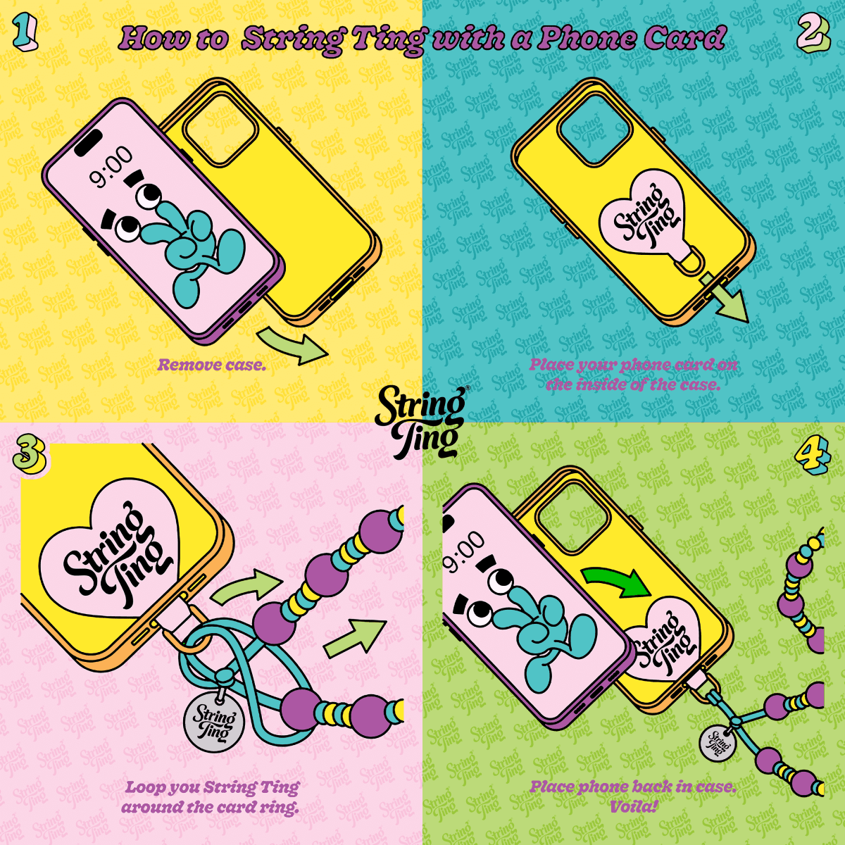 Step-by-step diagram showing how to attach a beaded phone strap to a phone case using the loop-through method
