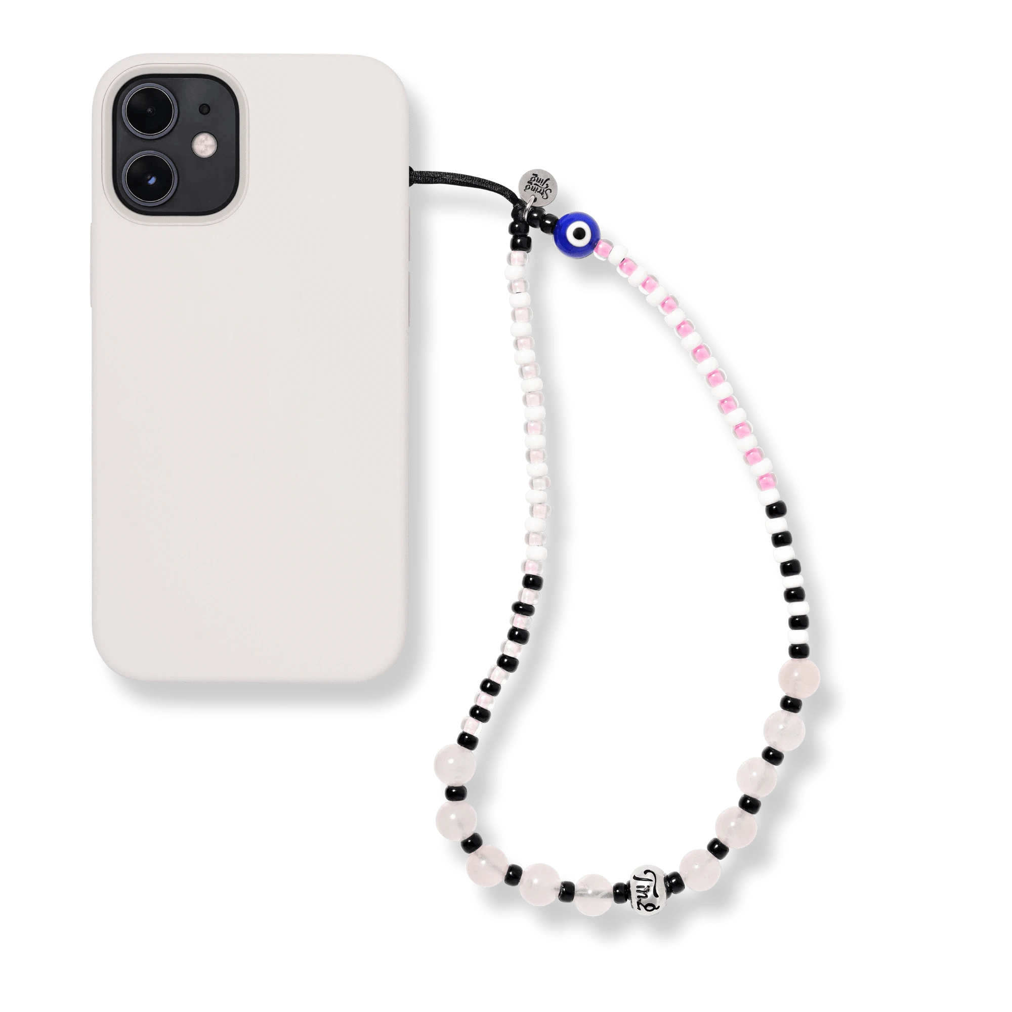 Handmade pink beaded phone wristlet with evil eye charm, Spiritual Firewall collection by String Ting.