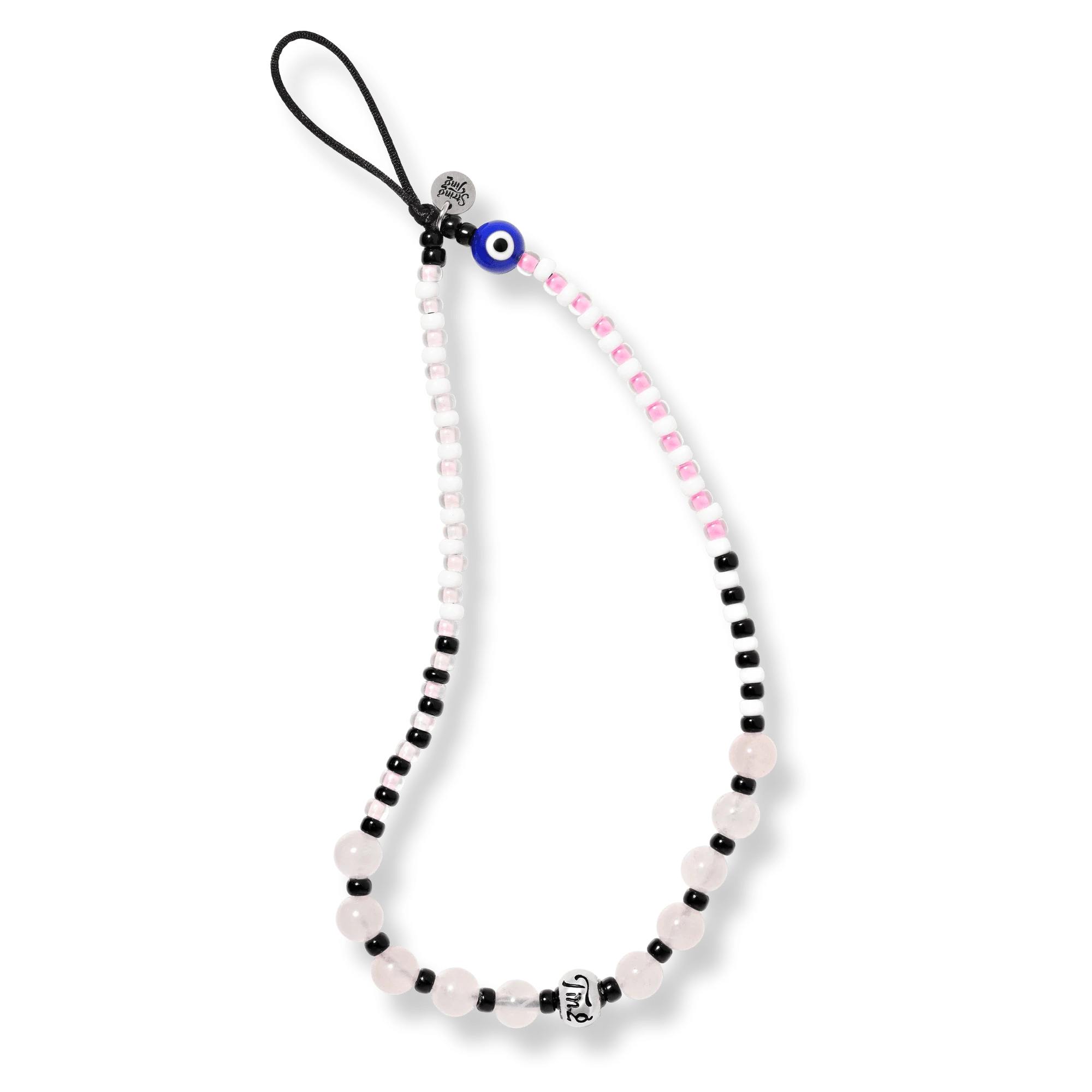 Handmade pink beaded phone wristlet with evil eye charm, Spiritual Firewall collection by String Ting