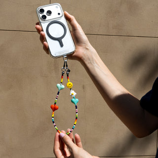 Huevitos Rancheros Wristlet Phone Chain — blue beaded wristlet phone strap handmade by String Ting with signature beaded hearts