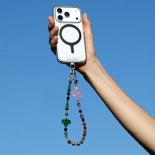 The Mismatch Hearts Club Wristlet Phone Chain — pink beaded wristlet phone strap handmade by String Ting with signature beaded hearts and Crystals by Swarovski